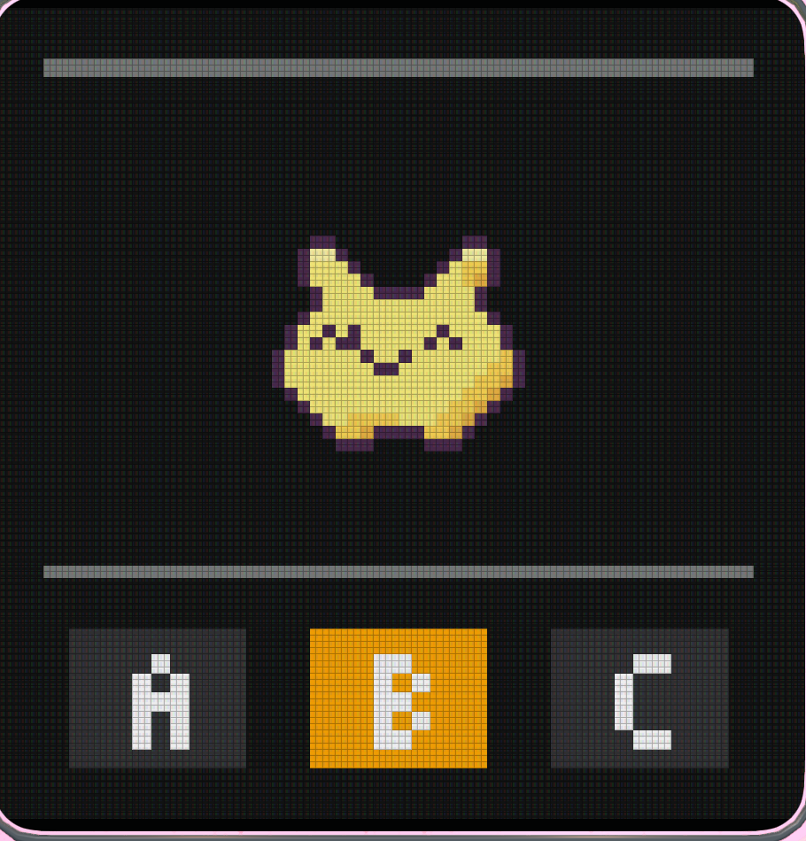 Pocochi on the practice pet’s LCD game screen, with A, B, and C game buttons below.
